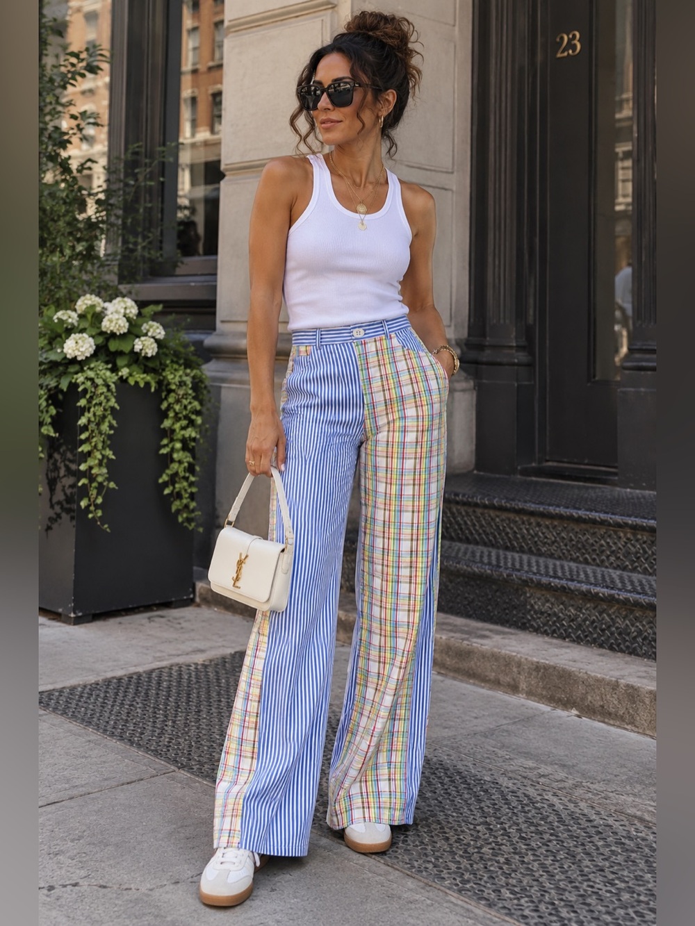 V.DE.VINSTER. Patchwork Striped & Plaid Wide-Leg Pants - Size S